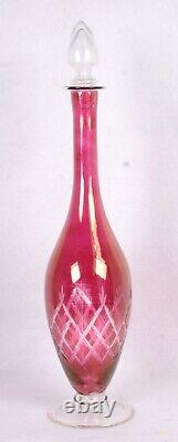 Vintage CRANBERRY Tall Stemmed Cut Art Glass DECANTER with Stopper 17H Scuffed