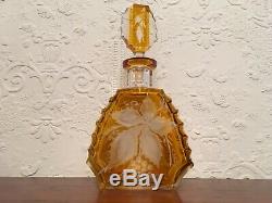 Vintage CZECH MOSER BOHEMIAN DECANTER GOLD AMBER Cut to CLEAR ETCHED GRAPEVINE