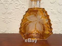 Vintage CZECH MOSER BOHEMIAN DECANTER GOLD AMBER Cut to CLEAR ETCHED GRAPEVINE