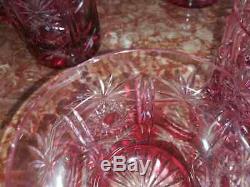Vintage Camberry Cut-to-Clear Pink Bohemian Decanter and Six Glass Set