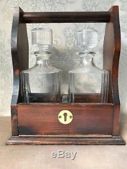 Vintage Captains 2 Brandy Cognac Rock Crystal Decanter Stand Tantalus Present