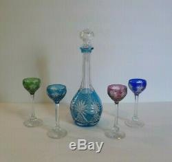 Vintage Cased Glass Cut-to-Clear 5-Piece Liquour Decanter Set
