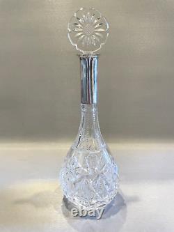 Vintage Clear Cut Crystal Decanter and Stopper with Sterling Silver Neck Overlay