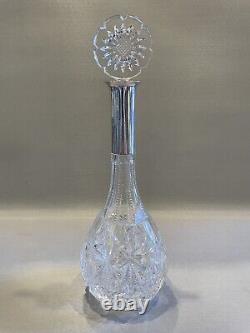 Vintage Clear Cut Crystal Decanter and Stopper with Sterling Silver Neck Overlay