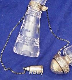 Vintage Clear Cut Crystal Porron Decanter 915 Sterling Silver Stoppers & Chain