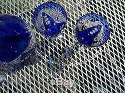 Vintage Cobalt Blue Cut to Clear Bohemian Sangria Decanter Set