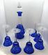 Vintage Cobalt Blue Cut To Clear Crystal Decanter With Stopper, 6 Wine Glasses