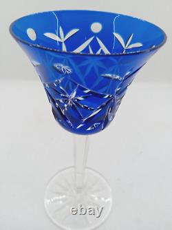 Vintage Cobalt Blue Cut to Clear Crystal Decanter with Stopper, 6 Wine Glasses