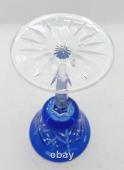 Vintage Cobalt Blue Cut to Clear Crystal Decanter with Stopper, 6 Wine Glasses