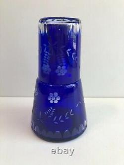 Vintage Cobalt Blue Cut to Clear Tumble Up Bedside Decanter Jug, 7 3/4 Tall