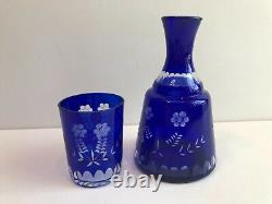 Vintage Cobalt Blue Cut to Clear Tumble Up Bedside Decanter Jug, 7 3/4 Tall