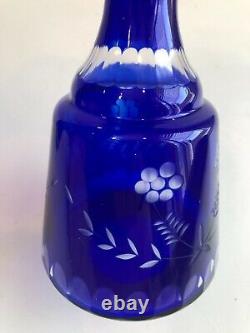 Vintage Cobalt Blue Cut to Clear Tumble Up Bedside Decanter Jug, 7 3/4 Tall