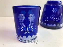 Vintage Cobalt Blue Cut to Clear Tumble Up Bedside Decanter Jug, 7 3/4 Tall