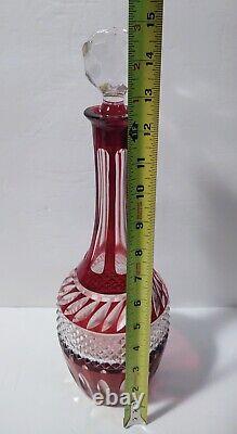Vintage Cranberry Cased Cut-to-clear Engraved Cut Glass 15 Decanter