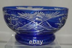 Vintage Crystal Bohemian Cobalt Blue Hand Cut To Clear Footed 8 Bowl Mint