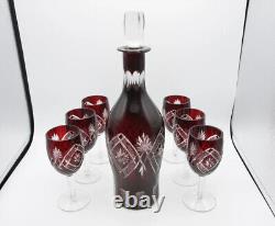 Vintage Crystal Burgundy Set Decanter 1L+ 6 Glasses Ruby Cut Glass Bohemia