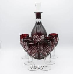 Vintage Crystal Burgundy Set Decanter 1L+ 6 Glasses Ruby Cut Glass Bohemia