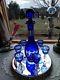 Vintage Crystal Cobalt Blue Cut To Clear Czech Bohemian Set Decanter And Six Cup