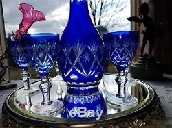 Vintage Crystal Cobalt Blue Cut To Clear Czech Bohemian Set Decanter and Six Cup
