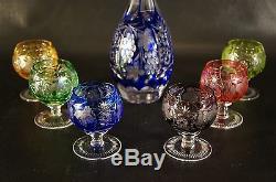 Vintage Crystal Cut To Clear Czech Bohemian Color Decanter and Six Shot Glasses