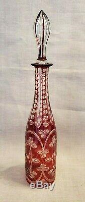 Vintage Crystal Red Cut To Clear Wine Decanter Cranberry Ruby withStopper 17 high