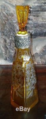 Vintage Crystal Silver Mark 800 Yellow Cut To Clear Etched Decanter