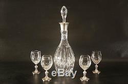 Vintage Crystal Sterling Silver Mark 925 Cut To Clear Set Decanter and Four Cup