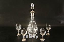 Vintage Crystal Sterling Silver Mark 925 Cut To Clear Set Decanter and Four Cup