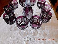 Vintage Cut Clear Purple Amethyst Czech Bohemian Decanter and 10 Wine Glass Set