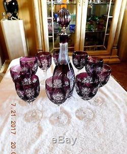 Vintage Cut Clear Purple Amethyst Czech Bohemian Decanter and 10 Wine Glass Set