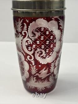 Vintage Cut Glass Ruby Red to Clear Cocktail Shaker Bohemian Nice RARE PATTERN