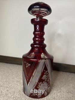 Vintage Cut and Etched Victorian Bohemian Cranberry Cut Crystal Decanter
