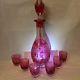 Vintage Czech 7-piece Cranberry Pink Cut To Clear Crystal Decanter & Glasses