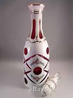 Vintage Czech Bohemian Art Glass White Cut To Cranberry Clear Decanter Gilded