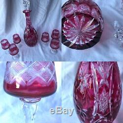 Vintage Czech Bohemian Cranberry Red Crystal Cut To Clear Decanter Set