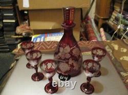 Vintage Czech Bohemian Decanter & 5 Cordial Glasses Ruby Red Cut to Clear Grapes