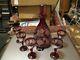 Vintage Czech Bohemian Decanter & 5 Cordial Glasses Ruby Red Cut To Clear Grapes