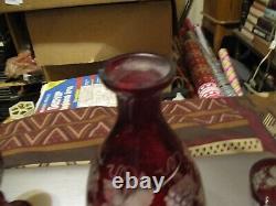 Vintage Czech Bohemian Decanter & 5 Cordial Glasses Ruby Red Cut to Clear Grapes