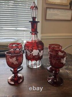 Vintage Czech Bohemian Ruby Cut-To-Clear Decanter And 4 Glasses