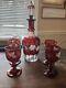 Vintage Czech Bohemian Ruby Cut-to-clear Decanter And 4 Glasses