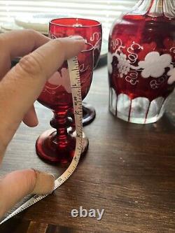 Vintage Czech Bohemian Ruby Cut-To-Clear Decanter And 4 Glasses