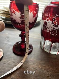 Vintage Czech Bohemian Ruby Cut-To-Clear Decanter And 4 Glasses