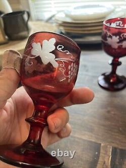 Vintage Czech Bohemian Ruby Cut-To-Clear Decanter And 4 Glasses