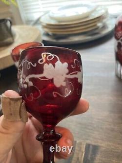 Vintage Czech Bohemian Ruby Cut-To-Clear Decanter And 4 Glasses