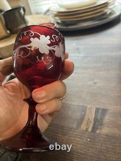 Vintage Czech Bohemian Ruby Cut-To-Clear Decanter And 4 Glasses