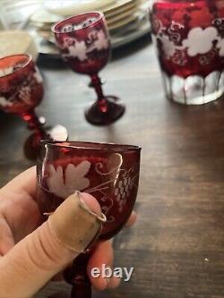 Vintage Czech Bohemian Ruby Cut-To-Clear Decanter And 4 Glasses