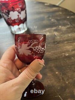 Vintage Czech Bohemian Ruby Cut-To-Clear Decanter And 4 Glasses