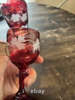 Vintage Czech Bohemian Ruby Cut-To-Clear Decanter And 4 Glasses