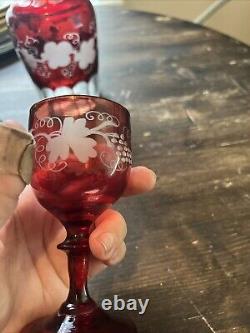 Vintage Czech Bohemian Ruby Cut-To-Clear Decanter And 4 Glasses