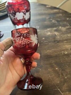 Vintage Czech Bohemian Ruby Cut-To-Clear Decanter And 4 Glasses